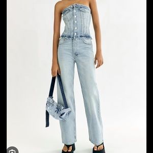 Zara Light Wash Denim Strapless Jumpsuit
